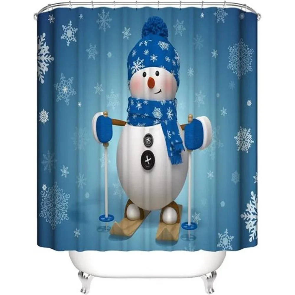 4Pcs Christmas Snowman Shower Curtain Sets Winter Snowflake w/ 12 Hooks, 70.8×7